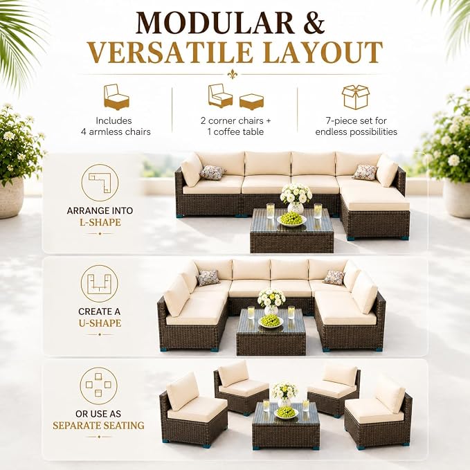7 Piece Outdoor Sectional Outdoor Patio Furniture Set, Outdoor Patio Furniture Set with Coffee Table, Sectional Couch Sofa with Cushions, Wicker Outdoor Conversation Set for Backyard & Garden, Brown