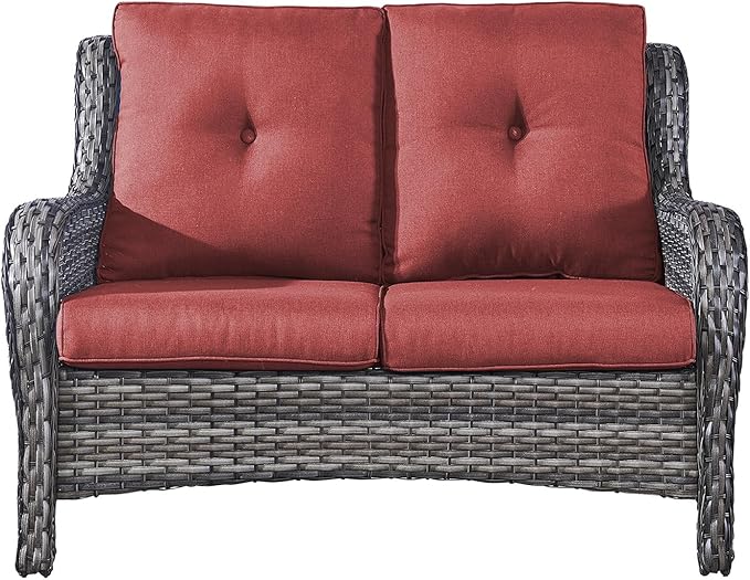 Rilyson Outdoor Loveseat Wicker Patio Sofa - 2 Seat Rattan Outdoor Couch Patio Furniture with Deep Seating and Comfortable Cushions for Outside Porch Deck Balcony(Mixed Grey/Red)