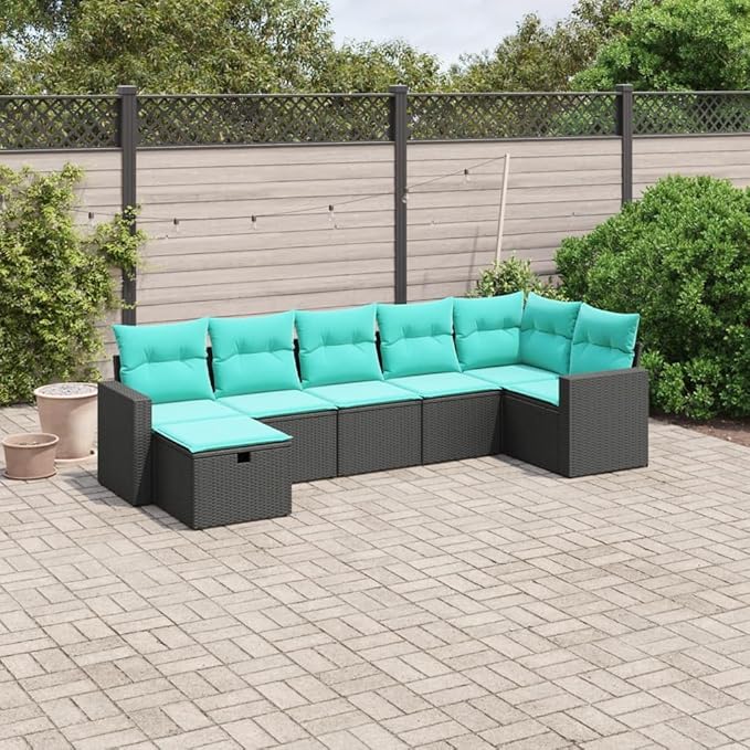7 Piece Patio Sofa Set with Cushions, Sectional Sofa Patio Conversation Set Front Porch Furniture Outdoor Sofa Sets for Poolside Piazza Exhibition Negotiation Area Black Poly Rattan