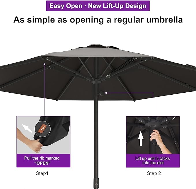 PURPLE LEAF 11Ft Round Semi-Auto Outdoor Patio Umbrella Aluminium Market Umbrella Table Sun Umbrella with 1.89" Rod and 8 Sturdy Ribs for Deck Lawn Pool Garden, Gray