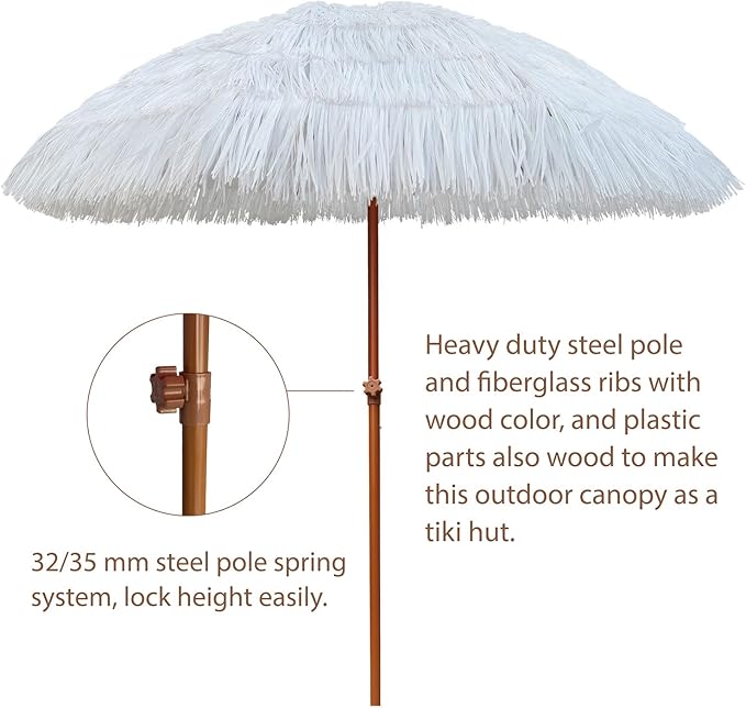 AMMSUN 7.5ft Hula Thatched Tiki Patio Beach Umbrella Hawaiian Style 10 Ribs UPF 50+ with Tilt Carry Bag for Outdoor Tiki Bar, Tropical Palapa, Patio Garden Beach Pool Backyard White