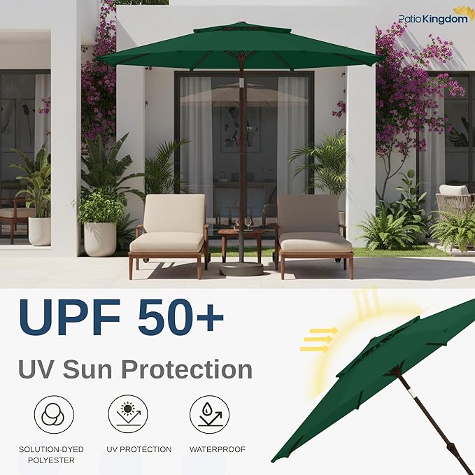 9FT Patio Umbrella 2-Tier Outdoor Market Table Umbrella with Push-Button Tilt & Crank | UPF 50+ & Waterproof for Backyard,Garden,Pool,Deck(Dark Green)