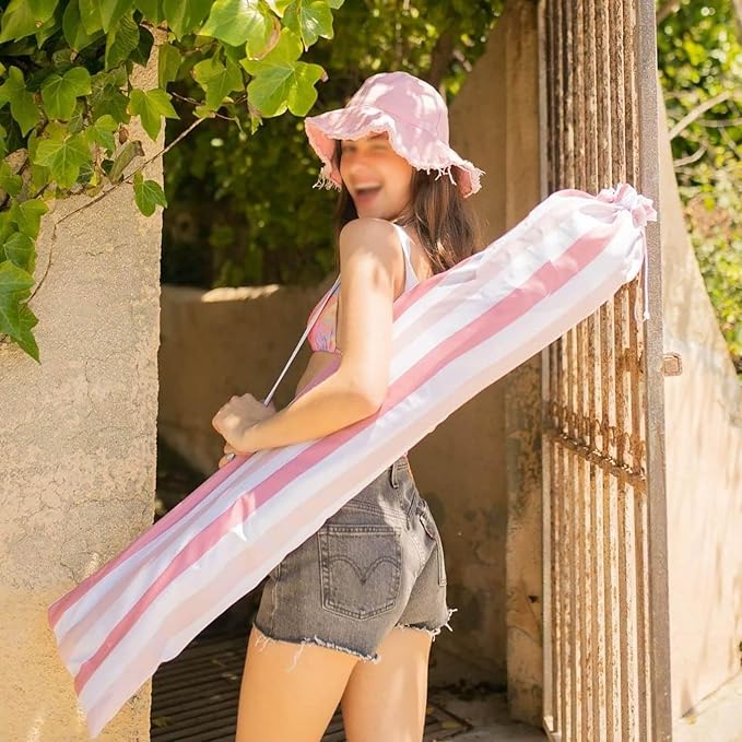 6ft Portable Beach Umbrellas For Sand Pink Striped Boho Fringe Umbrella Outdoor Patio Umbrella Tilt UV Protection Waterproof Pool Umbrella with Storage Bag Backyard Umbrellas For Patios Outside