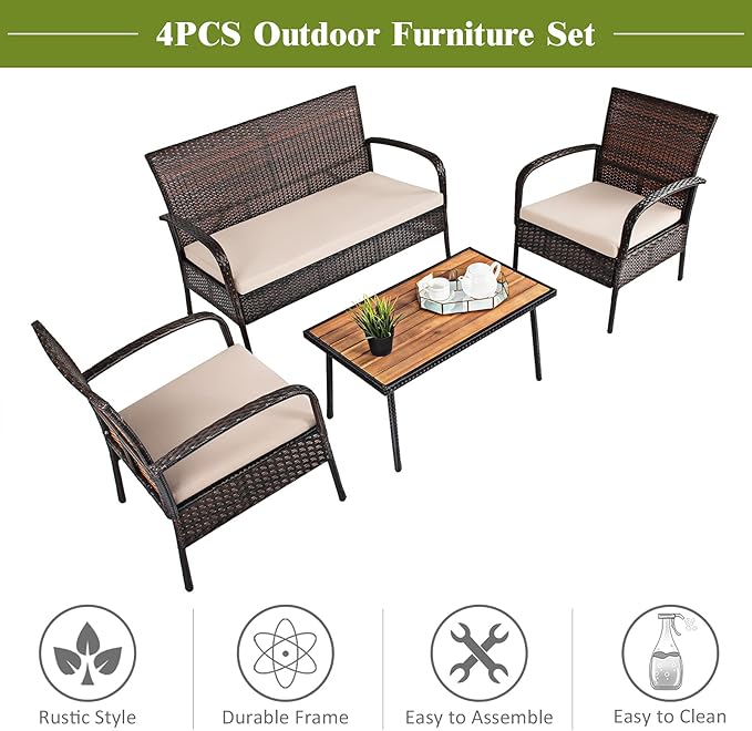 Wicker Conversation 4 Pieces Outdoor Patio Set with Washable Sofa Cushions, Rattan Wi, Brown (As PictureShows)
