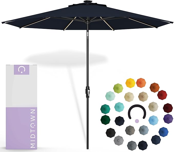 Midtown Umbrellas The LED Swilt 10 Feet Patio Umbrella With Sunbrella Canvas Navy Acrylic Fabric - Auto-Tilt Aluminum Frame With LED Lights For Backyard, Deck, Garden, Pool - Black Pole
