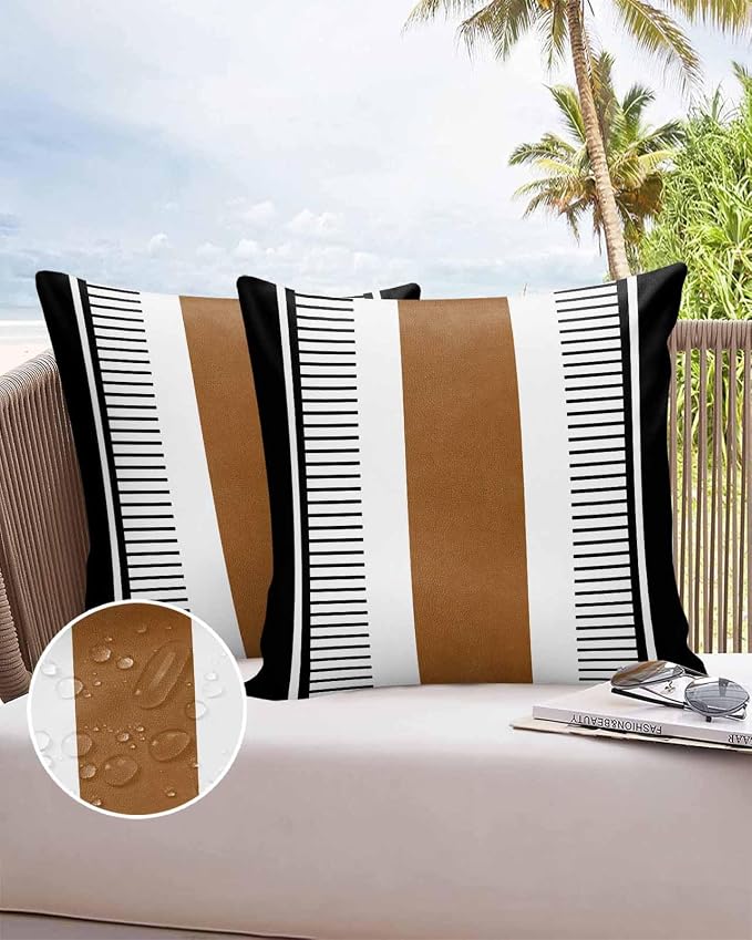 Outdoor Waterproof Throw Pillow Covers 24x24in, Farmhouse Cushions for Garden Patio Furniture Chairs Set of 2, Boho Black Brown Home Decor Couch Sofa Polyester Pillow Cases