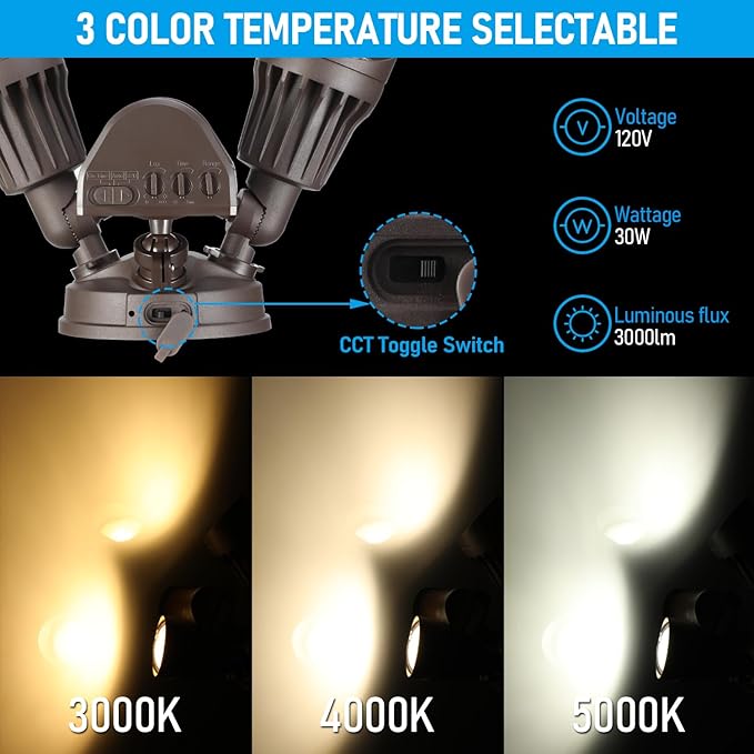 LEONLITE 3CCT LED Security Light, Motion Sensor Outdoor Lights, Dusk to Dawn, ETL Listed, Adjustable Heads, 3000K4000K5000K Selectable, Motion Detector Flood Light, Aluminum, IP65 Waterproof, Bronze