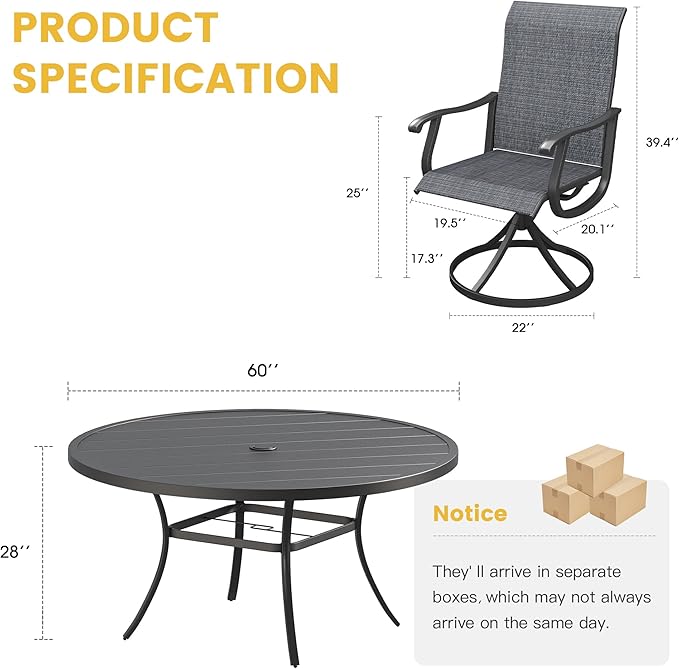 VICLLAX Patio Dining Set for 8, 9 Pieces Outdoor Furniture Includes 60" Round Patio Table with Umbrella Hole and 8 Outdoor Swivel Chairs for Lawn Garden, Black Tabletop and Dark Grey Fabric