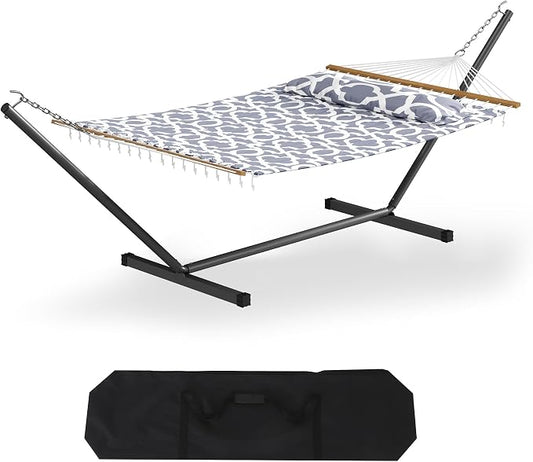 Garvee 57" Double Hammock with Heavy Duty Stand – 2 Person Hammock, Widening Cotton Fabric Design, 450 LB Capacity for Indoor & Outdoor Use (Light Grey)