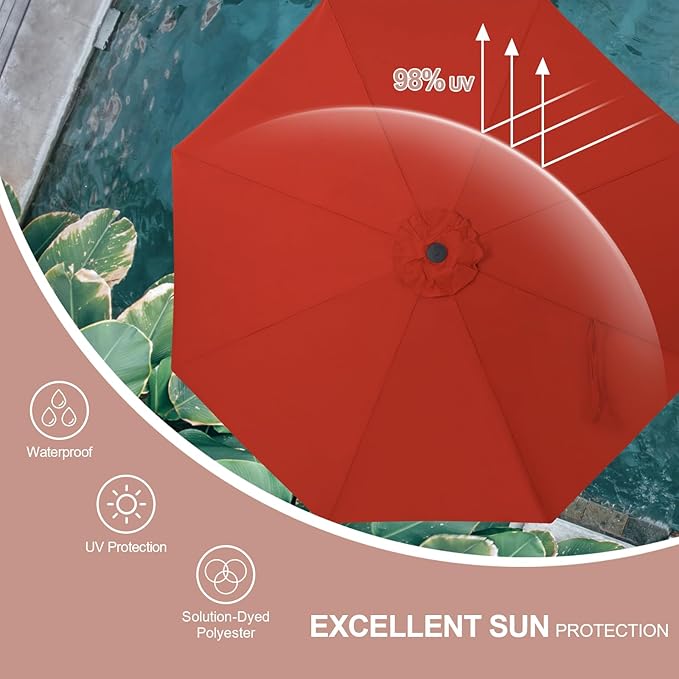 Tempera 9ft Red Scalloped Patio Umbrella with Fringe,UV Protection Fade Resistant Canopy, 8 Sturdy Ribs, Outdoor Table Umbrella with Crank Tilt for Lawn, Pool, Deck, Balcony