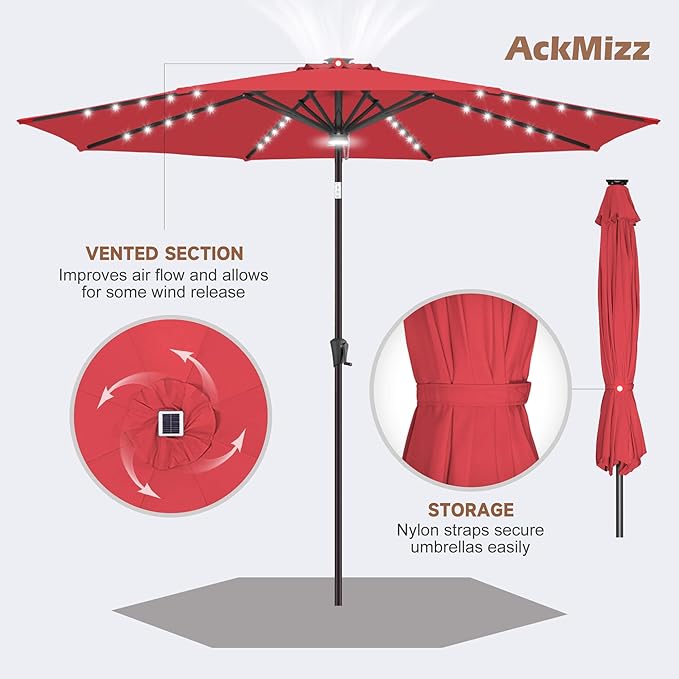11FT Solar Umbrella Outdoor - Lighted Solar Patio Umbrella with 40 LED Lights Waterproof UV Protection, Table Umbrella with Tilt for Pool, Porch, Garden, Deck, Backyard - Red