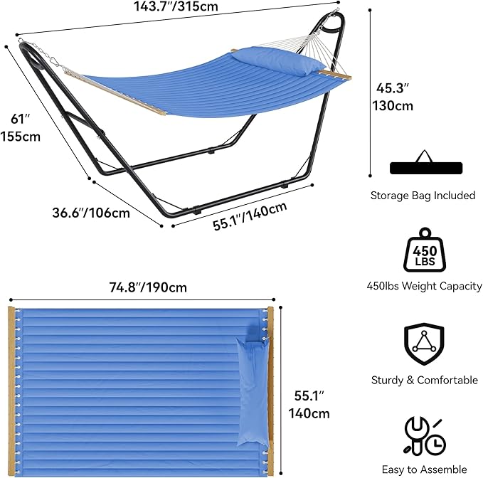YITAHOME Hammock with Stand Included Hammock Heavy Duty Hammocks Waterproof Portable Hammock with Pillow Storage Bags 450lbs for Outdoors,Backyard, Blue