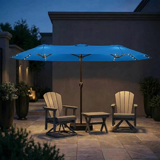 15FT Patio Umbrella with Solar Lights, Double-Sided Extra Large Outdoor Table Umbrella with Base Included, Heavy-Duty 12 Iron Ribs Market Umbrella for Garden, Pool, Backyard, Royal Blue