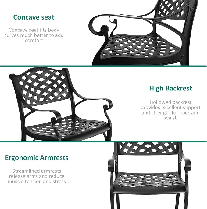 5 Pieces Cast Aluminium Patio Dining Set for 4-6 Person,Round 48" Patio Table and Chairs Set of 4 with 2.3" Umbrella Hole,Outdoor Patio Furniture Dining Set for Porch Backyard Deck, Black