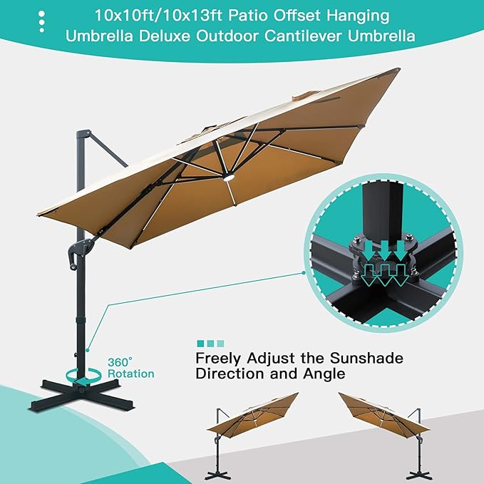 Sunnyglade 10x10ft Solar Powered LED Cantilever Patio Umbrella Square Deluxe Offset Umbrella 360°Rotation & Integrated Tilting System & LED lights for Market Garden Deck Pool Backyard Patio