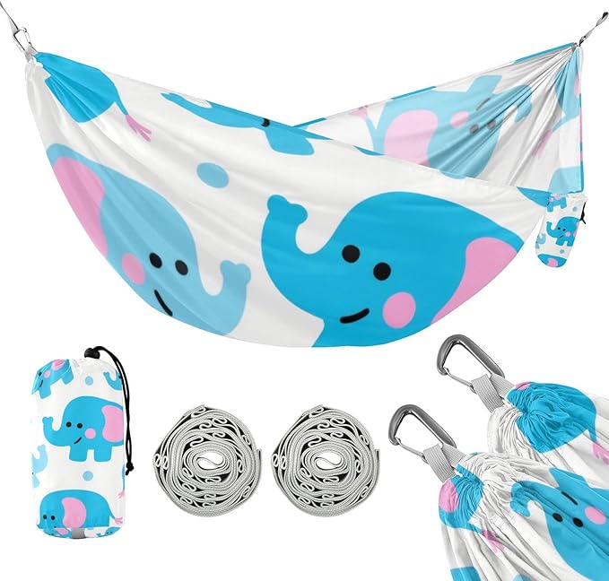 Cute Cartoon Blue Elephant 330lb Capacity Camping Hammock with Hanging Rope Portable Hammock for Camping Travel Accessories Base de hamaca para adultos