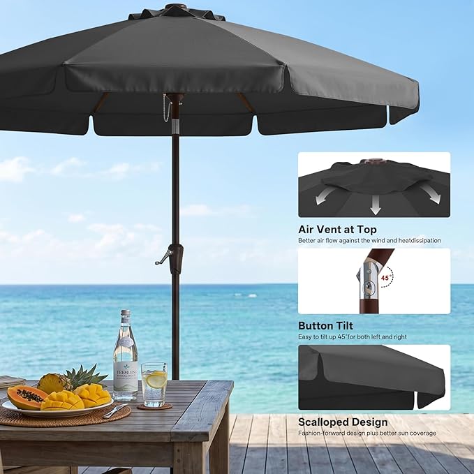 ABCCANOPY 10ft Scalloped Patio Umbrella, Outdoor Table Umbrella with Tilt and Crank, Fiberglass Ribs Deck Umbrella for Patio, Pool, Garden, Picnic (Dark Gray)
