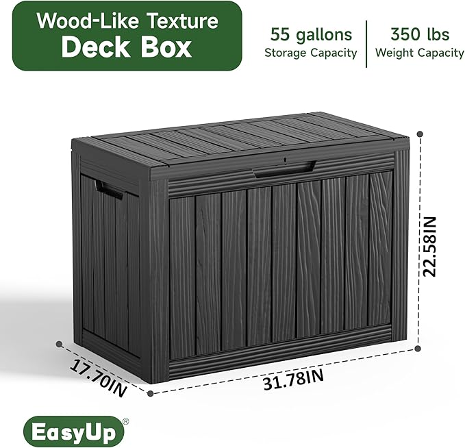 EasyUp 55 Gallon Deck Storage Boxes Outdoor Waterproof, Resin Small Lockable Storage Box, Outdoor Deck Box for Patio Cushion Funiture, Pool Accessories, Garden Tools (Black, 55 Gallon)