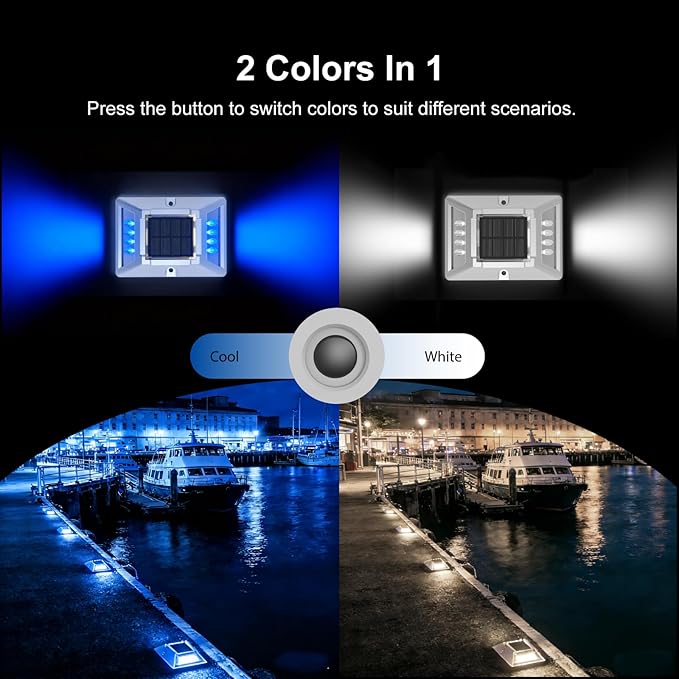 VATION LIGHTING Driveway Solor Dock Lights Marine12 Pack, Solar Powered 2 Colors in 1 Outdoor Driveway Marker Deck Lights, IP67 Waterproof, Solar Deck Lights, White/Blue, FCC