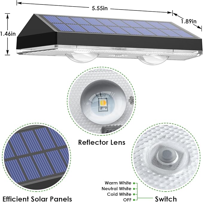Solar Fence Lights Outdoor Waterproof LED - 3000/4000/6000K 3 Mode, IP65 Waterproof Fence Lights Solar Powered, Solar Wall Lights for Outside, Backyard/Step/Patio/Deck Fence/Stair Railings (12 pack)