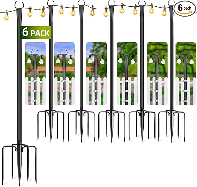 6 Pack String Light Poles for Outside, 10ft Metal Outdoor String Light Poles for Deck - Ideal for Patio, Garden, Yard, Front Porch Decorations, Black