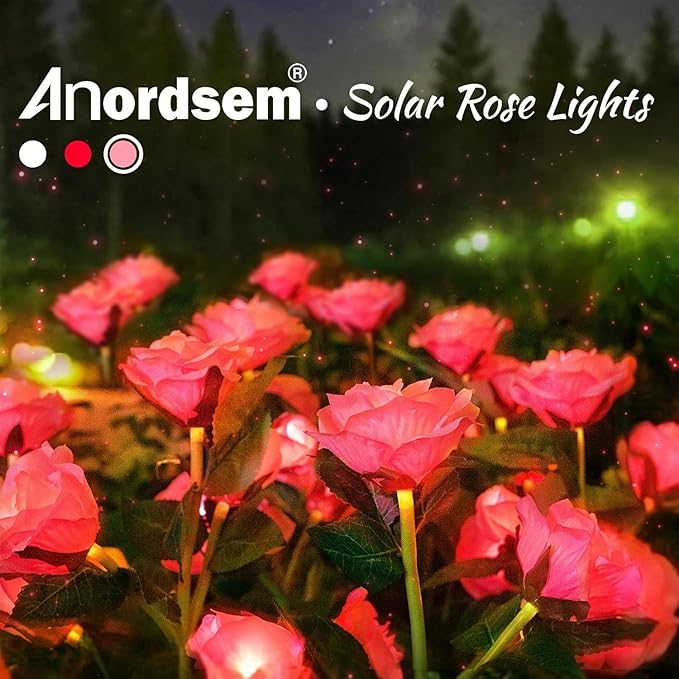 Anordsem Solar Garden Lights Outdoor: 20 Artificial Fabric Pink Roses Flowers 4 Pack- LED Flower Decorations for Cemetery Grave Pathway Yard- Valentine's Day Gifts for Women, Wife and Mother