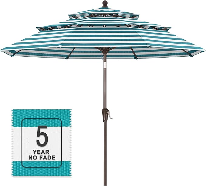 MASTERCANOPY 9ft 3-Tier Olefin Patio Umbrella with Tilt Crank, 5-Year-Non-Fading Canopy & 8 Fiberglass Ribs for Deck, Patio, and Garden, Turquoise & White
