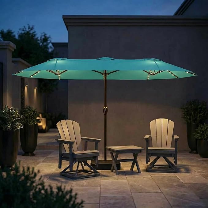 15FT Patio Umbrella with Solar Lights, Double-Sided Extra Large Outdoor Table Umbrella with Base Included, Heavy-Duty 12 Iron Ribs Market Umbrella for Garden, Pool, Backyard, Turquoise Blue