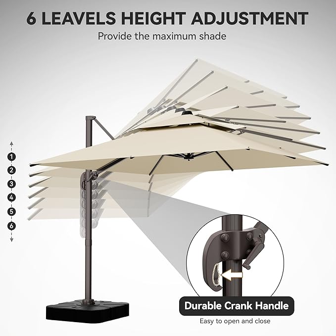 GENTEACO 10X10 FT Cantilever Umbrella with Base Included, Large Offset Patio Umbrella with Double Top, 6 Angle Tilts & 360° Rotation, Large Square Sun Umbrellas for Outdoor Pool Market, Beige