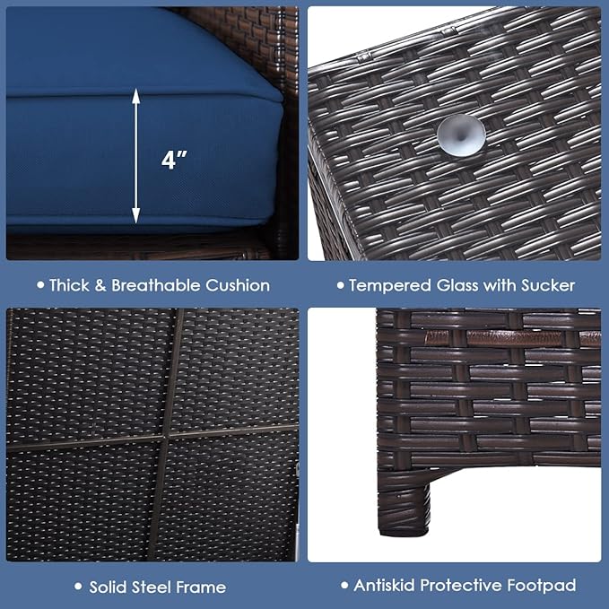 Tangkula 6 Pieces Patio Wicker Furniture Set with 32 Inches Propane Fire Pit Table and Tank Holder, Outdoor Conversation Set with Storage Box and Coffee Table, 2 Waterproof Covers Included (Navy)