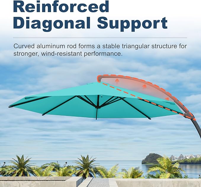 12FT Cantilever Umbrella with Base Large Curvy Outdoor Aluminum Offset Umbrella w/ 360° Rotation, UV Resistant Canopy for Patio, Garden, Backyard, Aqua Blue