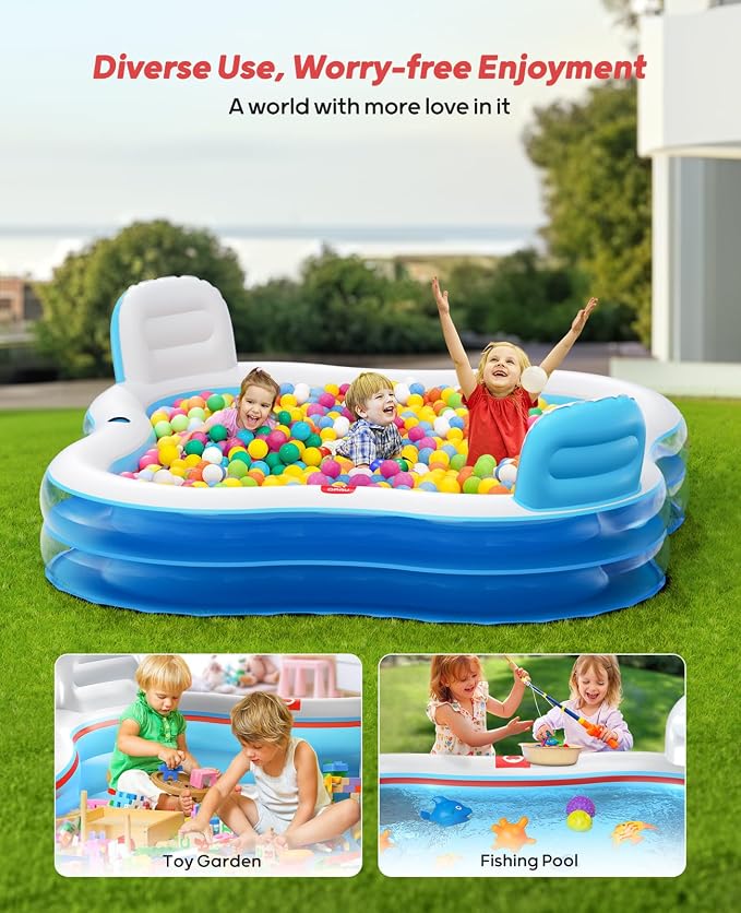 QPAU Inflatable Swimming Pool with 2 Seats and Backrests, 80" L x 80" W x 16.5" D Large Full-Sized Family Pools for Kids and Adults for Backyard, Garden, Outdoors, Clear Blue