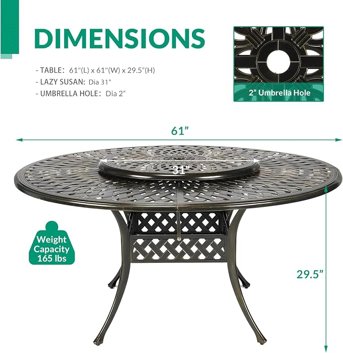 VIVIJASON Outdoor 61" Patio Dining Table for 6-8 Person, Large Patio Round Dining Table with Lazy Susan, Dark Bronze Cast Aluminum Rustic Patio Table with 2" Umbrella Hole for Balcony, Porch and Deck
