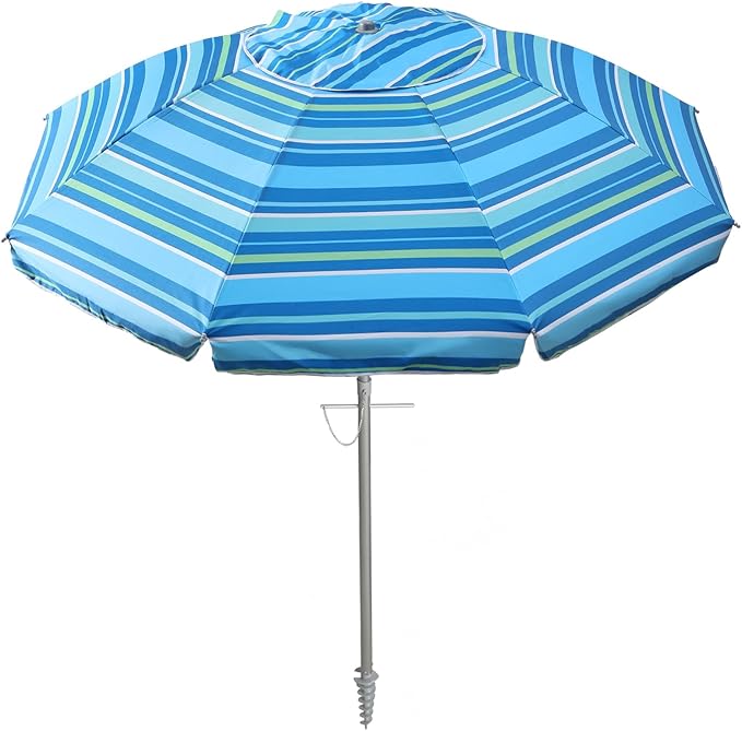 wikiwiki 7ft Beach Umbrella with Sand Anchor & Tilt, UPF 50+ Protection Beach Umbrellas for Sand, with Carry Bag and Hook, for Patio Garden Pool, Light Blue Stripes