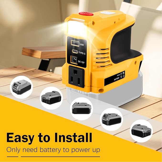 Portable Power Inverter 220W with LED Light AC Outlet 18W Fast Charging Compatible with 18V 20V Li-ion Batteries for Camping Emergency Outdoor Use (US Plug)