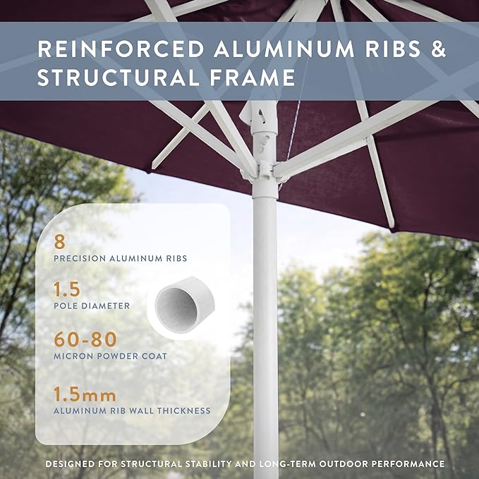 California Umbrella 10-Year Protection 9 Ft Outdoor Patio Umbrella, Pacifica Fade-Resistant Fabric, Auto-Tilt, Heavy Duty Aluminum Frame, 8 Reinforced Ribs for Pool or Deck, White Pole, Purple