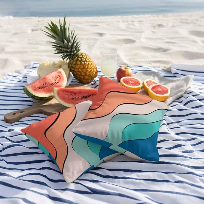 Orange Teal Ombre Outdoor Pillow Covers 26x26 Inch Throw Pillow Covers Set of 2 Waterproof Decorative Pillow Cases Modern Moire Abstract Art Cushion Covers for Patio Furniture Garden Couch Sofa