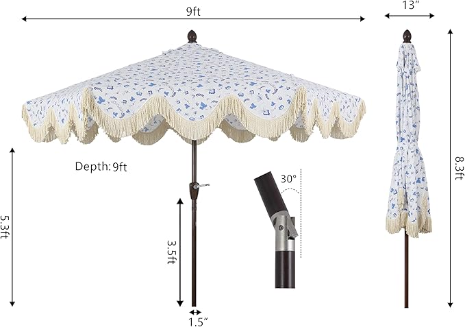 JONATHAN Y UMB1001 Collins 9 ft. Classic Cottage Tassel Market Patio Umbrella with Auto-Tilt, Crank, Wind Vent and UV Protection