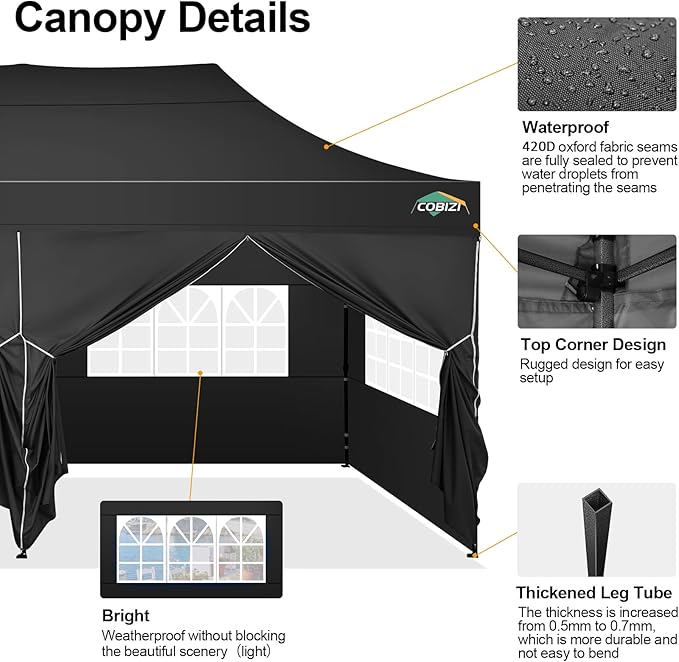 COBIZI 10x20 Pop up Canopy Tent 10x20 Canopy with 6 Sidewalls Waterproof Heavy Duty Commercial Canopy Tent for Parties Outdoor Garden Gazebo, Carry Bag with Wheel(10x20ft,Space Black)