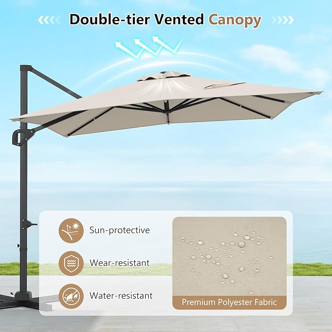Tangkula 11 x 9 FT Patio Umbrella, Large Offset Cantilever Outdoor Umbrella with Aluminum Pole, 360 Degree Rotation, Tilt Adjustment, 8 Sturdy Ribs, Air Vent & Cross Base for Backyard Pool Garden Deck (Beige, 11x9 FT)