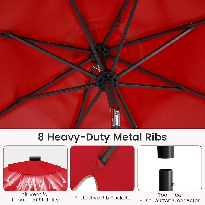 Tangkula 9 FT Solar Patio Umbrella with Base Included, 2-Tiers Outdoor Scalloped Table Umbrella with 32 LED Lights, 2 Sandbags, Tilt Adjustment, Crank, 8 Ribs for Market Backyard Pool Deck Beach Lawn