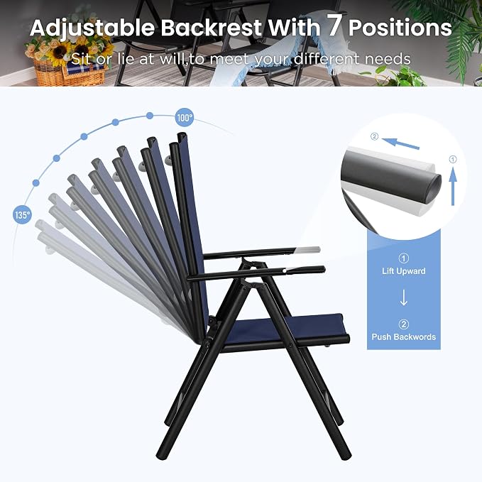 PHI VILLA Outdoor Dining Set with 10 Ft Beige Umbrella (No Base), Patio Table and Chairs Set for 4 with Blue Folding Chairs & Square Metal Table for Yard, Lawn and Outside