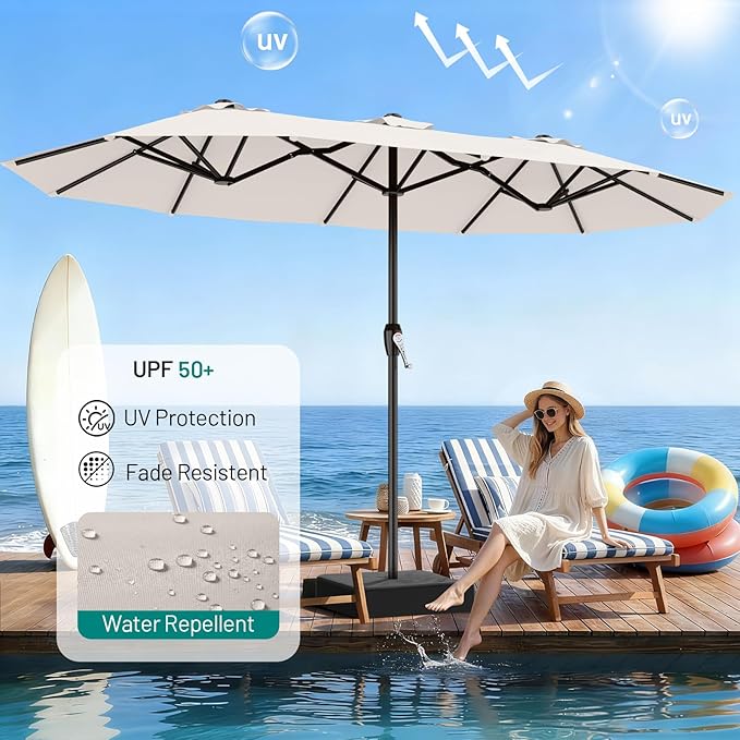 AreShark 15FT Outdoor Patio Umbrella with Crank, Large Rectangular Market Umbrella, Double-Sided Outdoor Umbrellas with Cross Base & Sandbag for Porch, Lawn, Pool, Backyard, Cream-White