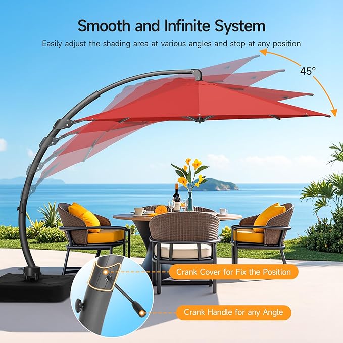 11 FT Outdoor Patio Umbrella with Base, Aluminium Curved Cantilever Umbrella, Large Round Hanging Offset Umbrella with Unlimited Position Adjustment and 360°Rotation for Market Garden Pool, Red