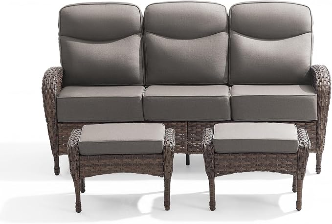 Outdoor Patio Sofa Set (3pcs) with High-Back Design—Thickened Cushions, Sofa Footstool, Patio Set, All-Weather Wicker Patio Furniture Set, Suitable for Balconies and Patios, Available in Brown/Gery