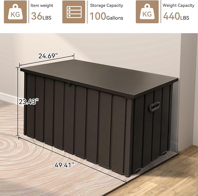 100 Gallon Metal Outdoor Storage Box, Deck Box Waterproof, Outside Steel Storage Lockable Cabinet, Indoor Storage Bin Container for Patio/Poolside/Backyard Cushions, Pillow -Brown