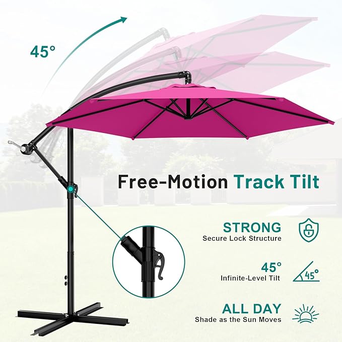 AreShark 10FT Patio Outdoor Umbrella, Offset Patio Umbrella Cantilever Umbrella, 6 Sturdy Ribs, Easy Adjustment for Garden Market Pool with Cross Base (Rose Pink)