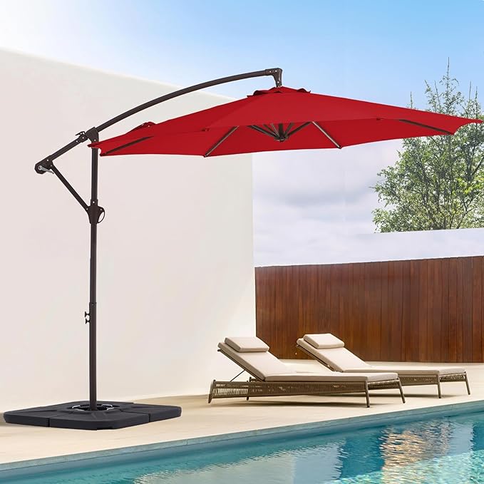 10FT Patio Umbrella, Outdoor Offset Cantilever Umbrella with Sturdy 8 Ribs and Reinforced Base, Easy Tilt Adjustment for Backyard Pool Garden,Red