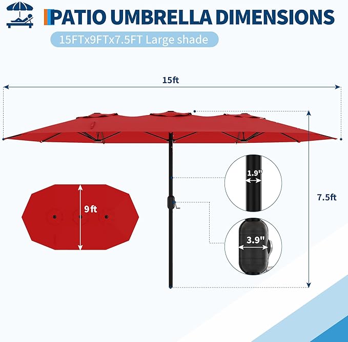 Double-Side Rectangular Pool Umbrella, 15ft Large Patio Umbrella with Base Included, Outdoor Market Umbrellas for Poolside Lawn Backyard