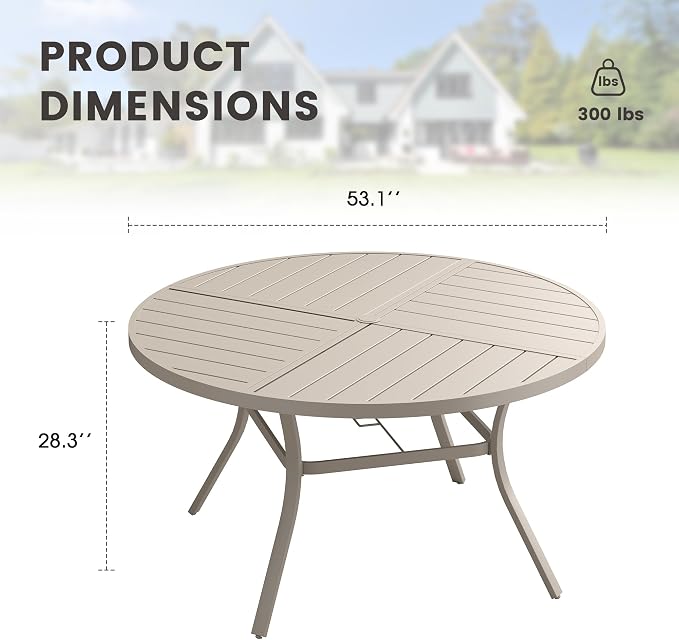 53.1" Outdoor Dining Table with Adjustable Umbrella Hole, Metal Slatted Round Patio Dining Table for Backyard Garden Deck, Sandshell